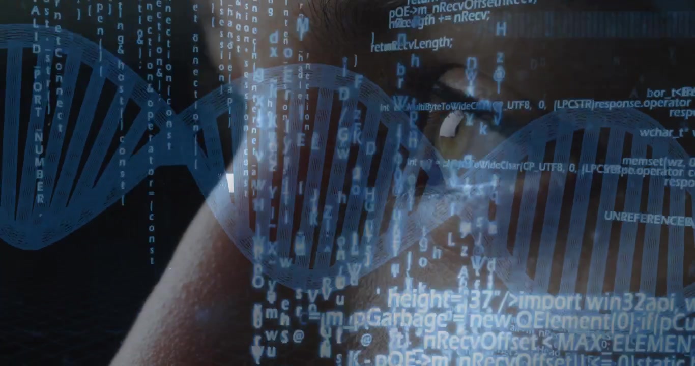 Close-up of Human Eye Reflecting Digital DNA and Programming Code