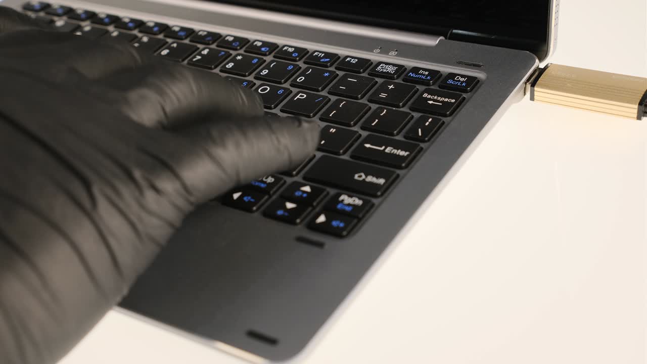 해커는 usb 스틱에 데이터를 입하고 복사하고 검은 장갑을 입은 노트북에서 타이핑합니다.