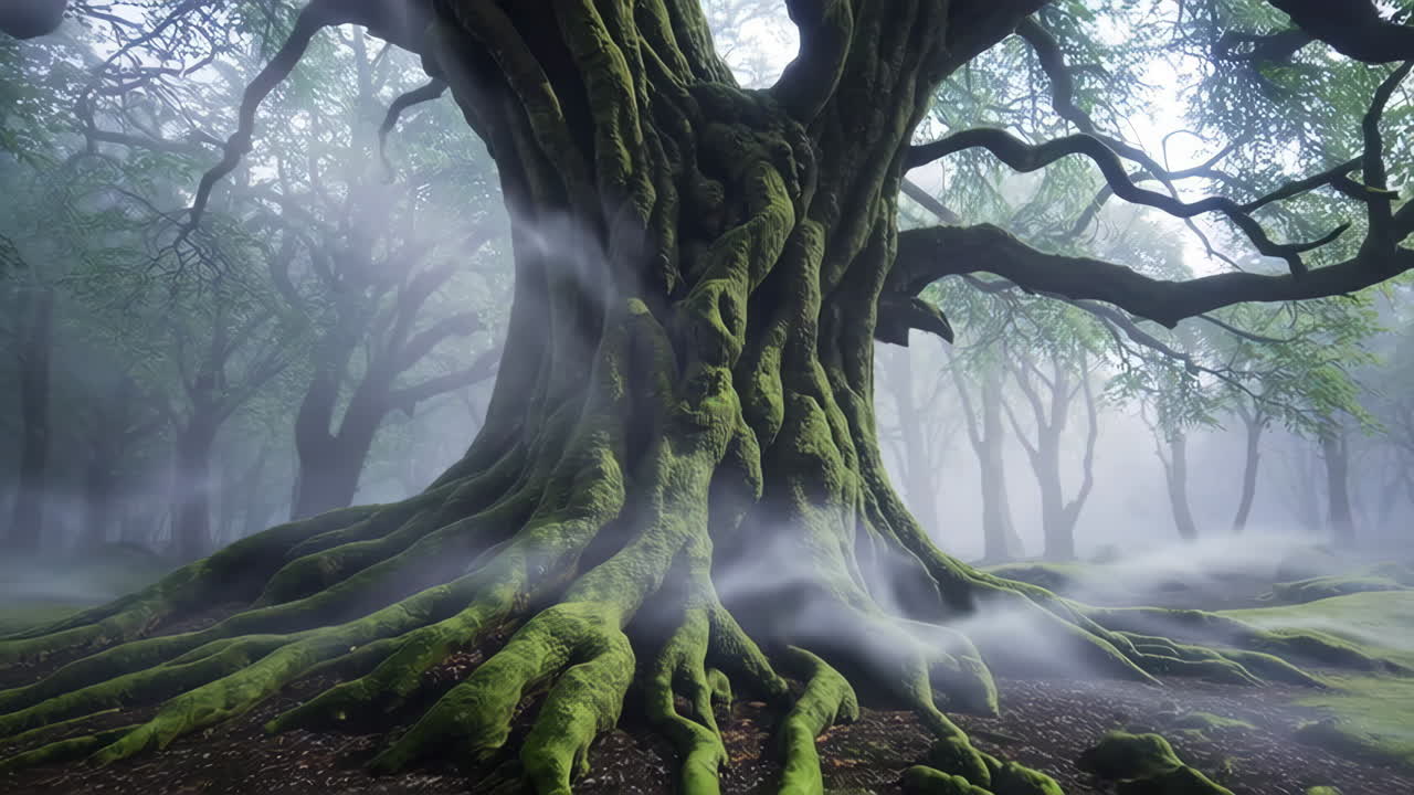 Mystical Ancient Tree in a Foggy Forest