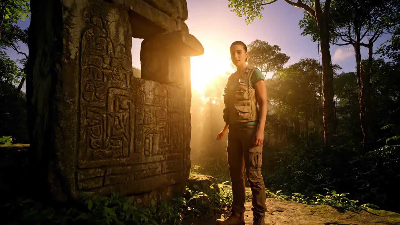 Woman Exploring Ancient Ruins in Jungle