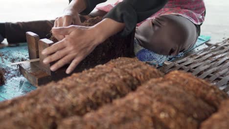 Farmer-is-preparing-dried-shredded-tobacco-leaves-into-blocks-by-using-handmade-local-tool