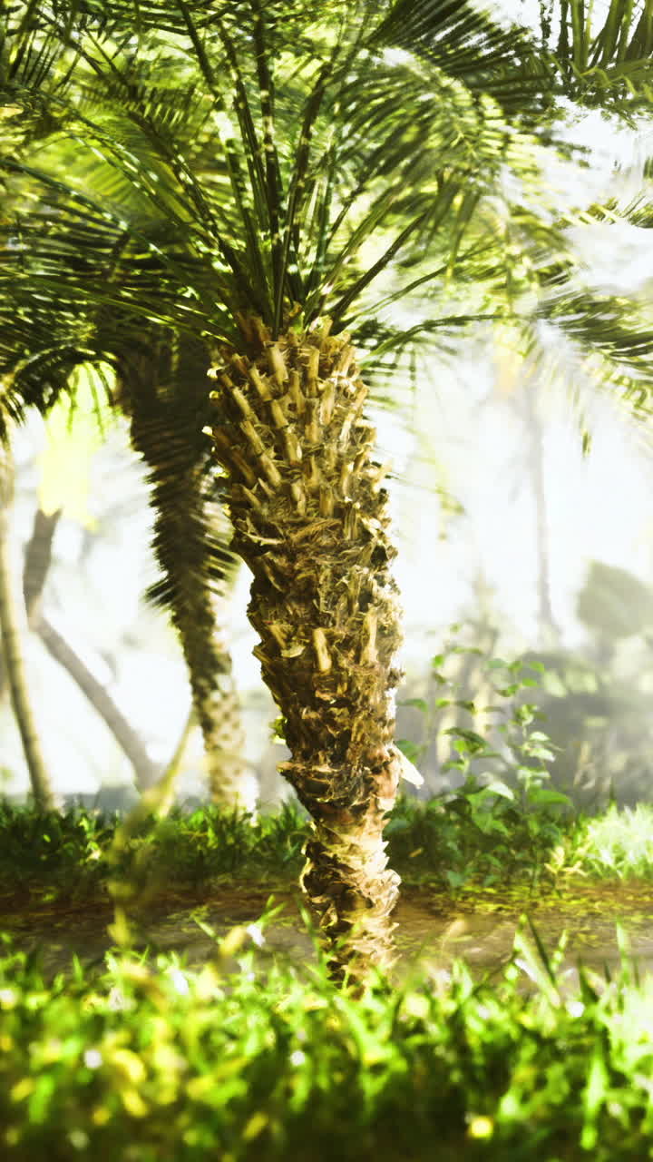 Lush tropical landscape bathed in soft morning light with palm trees