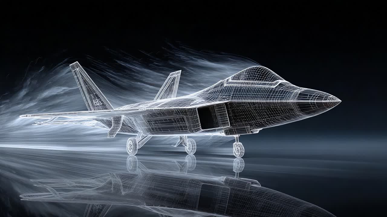 A Stunning Visualization of a High-Tech Fighter Jet in Wireframe Design, Highlighting Aerodynamic Features and Innovative Engineering against a Sleek Background