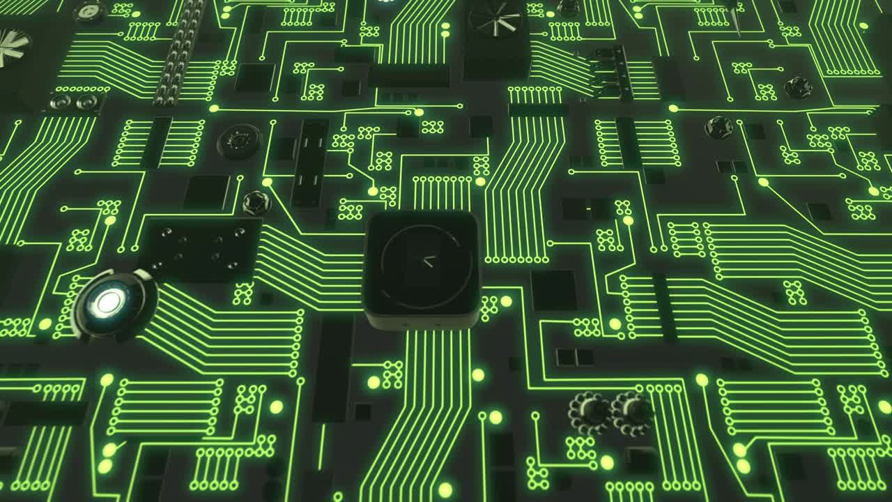 verde iluminado futurista grúa de placa de circuito arriba y abajo