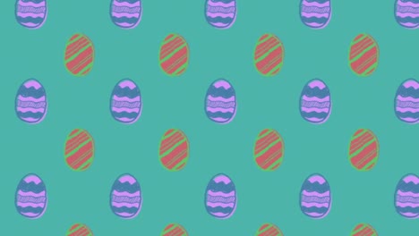 Animation-of-patterned-Easter-eggs-moving-in-rows-on-green-background