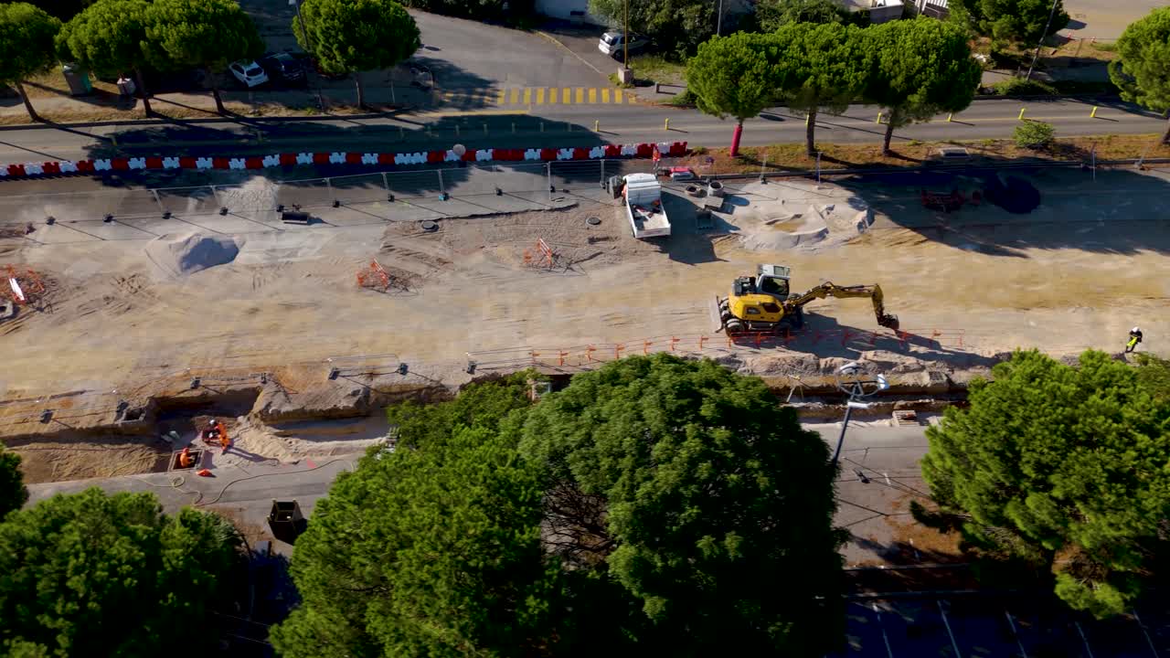 Aerial shot of ongoing works upgrading a new Odysseum tramway in France
