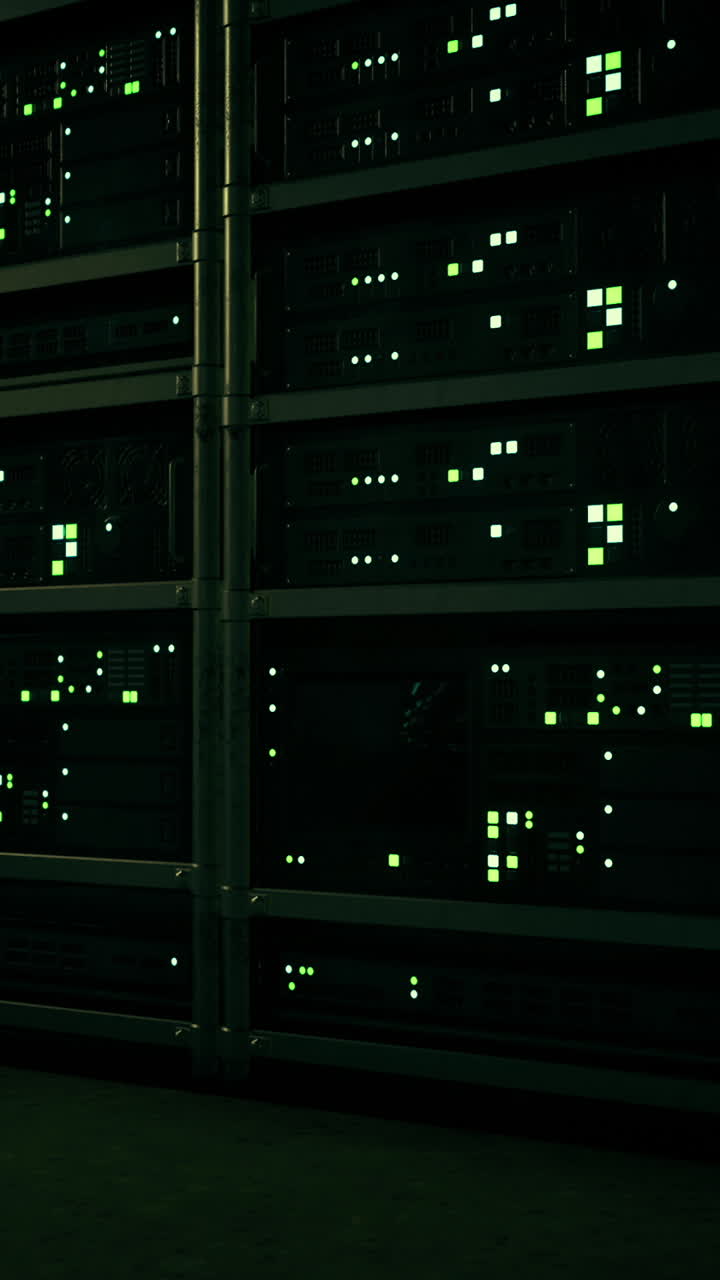 Mysterious data center filled with glowing green lights at nightfall