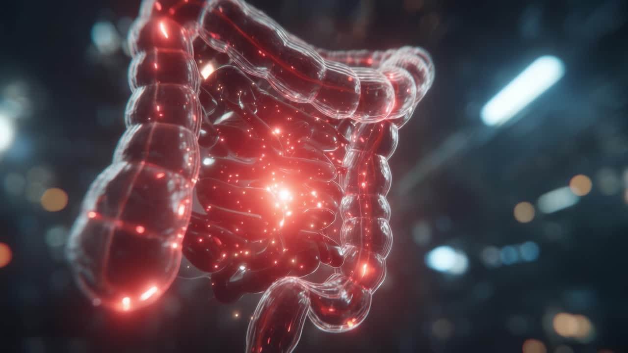 An Intriguing View of the Human Intestinal Structure in a Glowing, Artistic Representation Highlighting Its Complex Anatomy and Dynamic Environment
