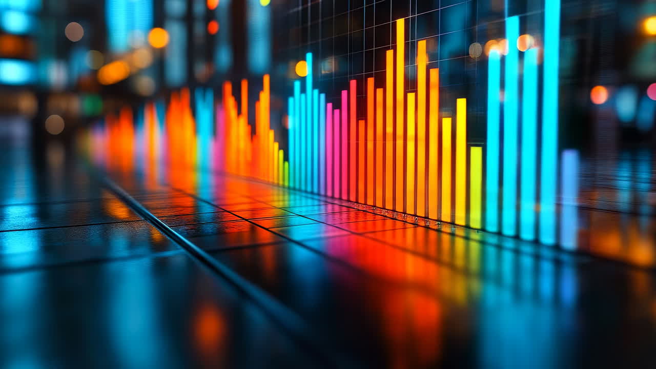 Multi colored financial bar chart on dark grid background. Perspective view of a glowing digital bar graph with rainbow spectrum colors and light reflections