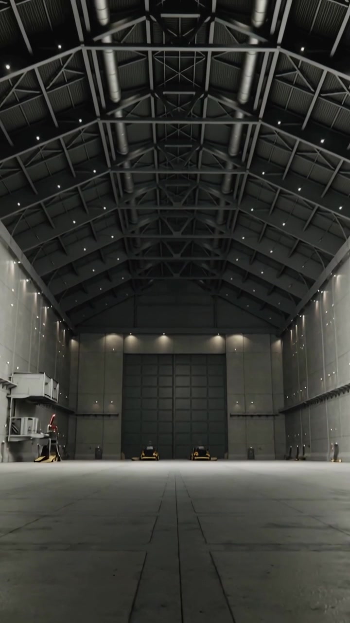 Video verticale: Telecamera che si inclina rivelando un hangar per mostrare le dimensioni, mostrando un portone sezionale e rimorchiatori gialli.