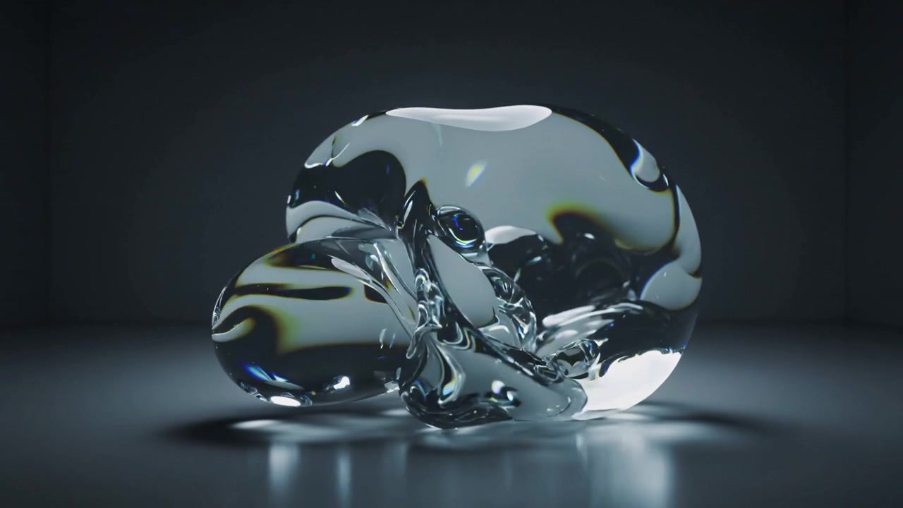 Surface tension pulling three clear droplets into center in dark box, forming single glossy mass