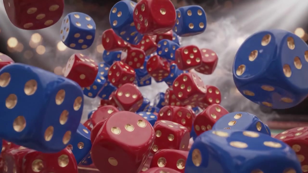 Una dinamica rappresentazione di dadi che rotolano in un'atmosfera da casinò, con illuminazione spettacolare e momenti di suspense catturati in due fotogrammi.