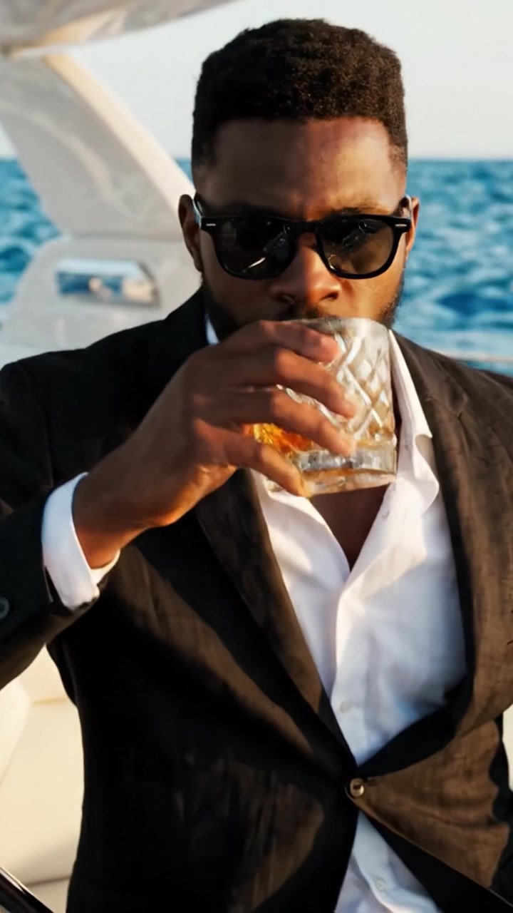 Un hombre elegante disfrutando de un momento de relax con una bebida en un yate de lujo, abrazando el sol y el mar con confianza y elegancia.