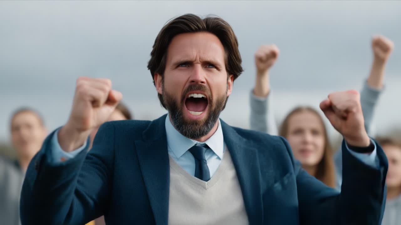 A passionate speaker rallies a crowd, delivering an impassioned speech with fervor, as supporters raise their fists in unity and enthusiasm during a significant moment