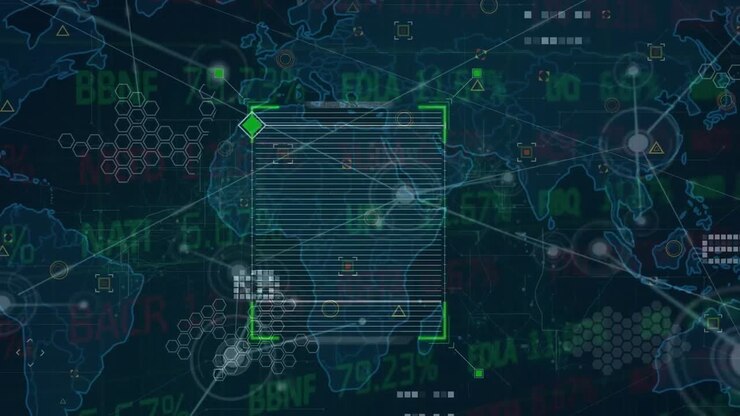 Animation of data processing and network of connections over stock market and world map
