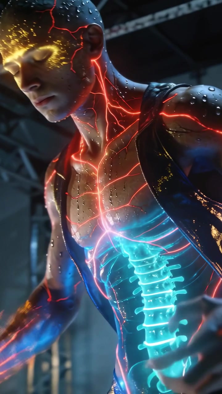 Vertical video: Reacting to glow, CGI in harness lifting head opening hands on set, with cyan spine