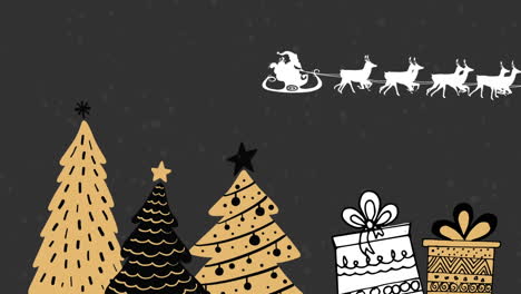 Animation-of-santa-claus-in-sleigh-pulled-by-reindeers-over-christmas-tree-and-gifts-icons