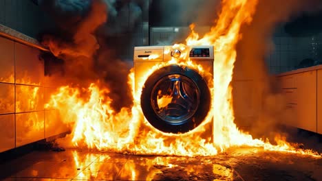 a burning washing machine in a kitchen with smoke coming out of it