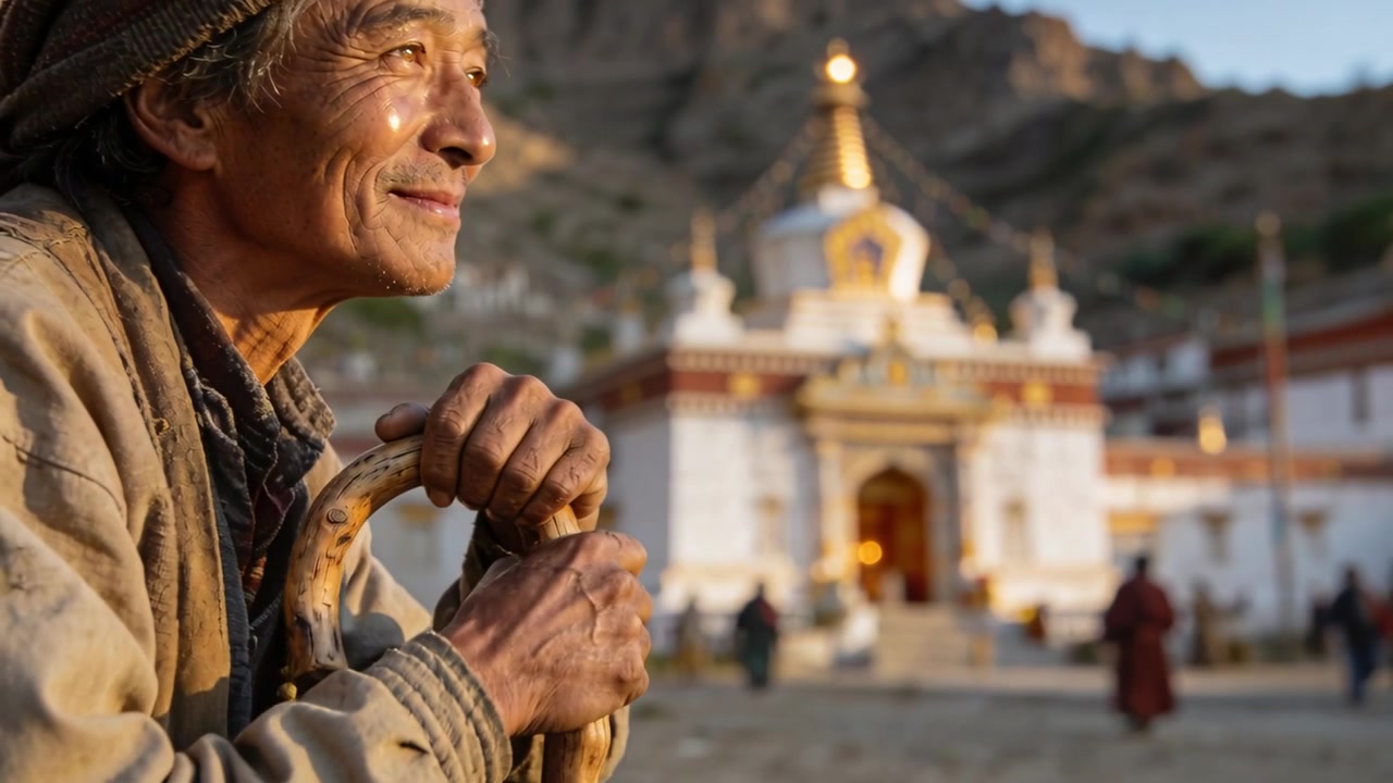 Lænende asiatisk mand med stok og kasket ser pilgrimme cirkle en stupa, kameraet trækker sig tilbage, med plads til tekst.