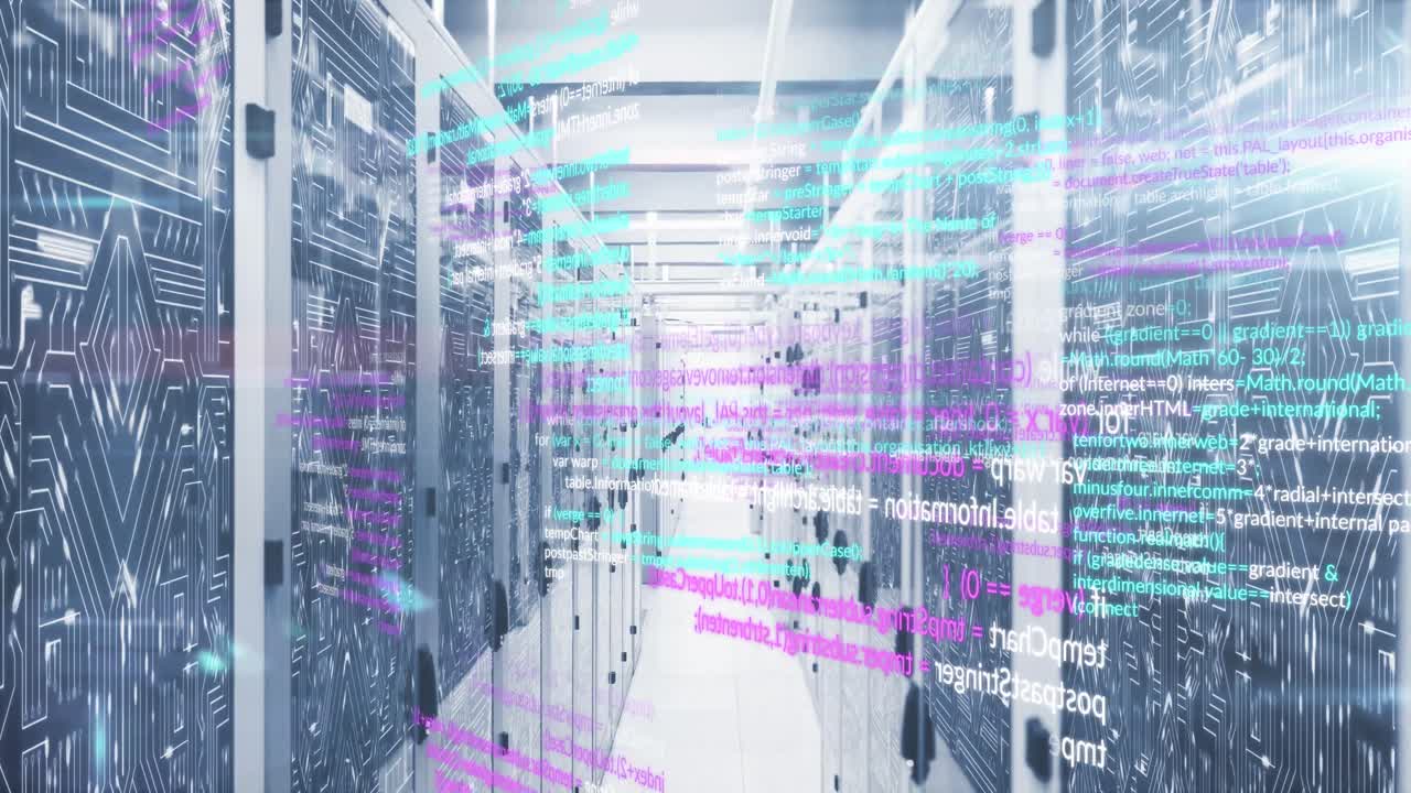 Animation of data processing and microprocessor connections against computer server room