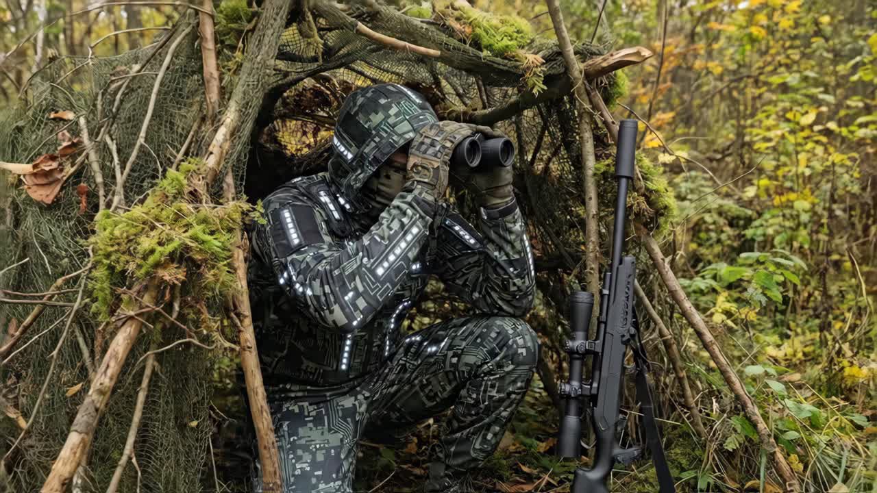 Mann in digitaler Tarnkleidung, der mit Fernglas und Gewehr den Wald beobachtet