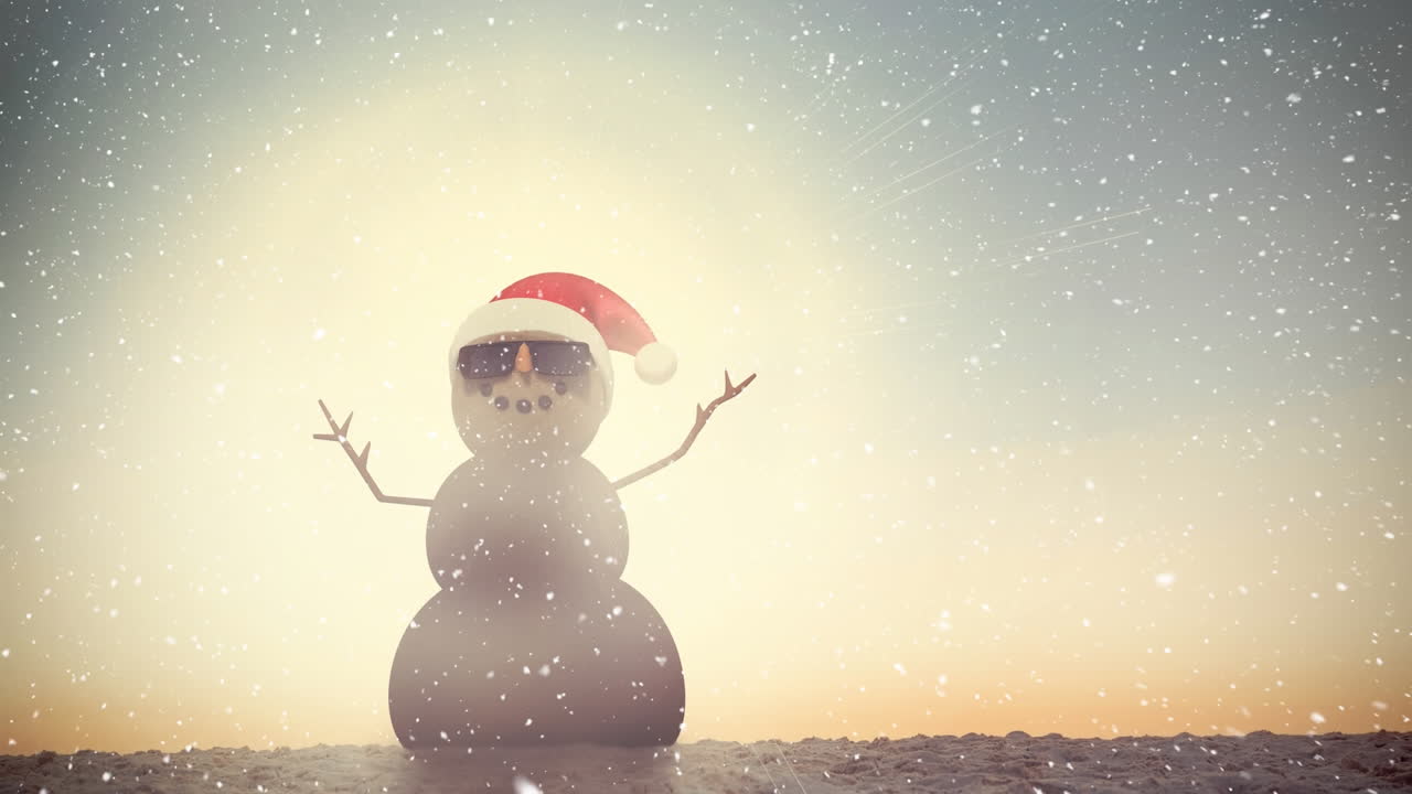 composición de video con nieve sobre arena hombre con sombrero de santa claus en la playa