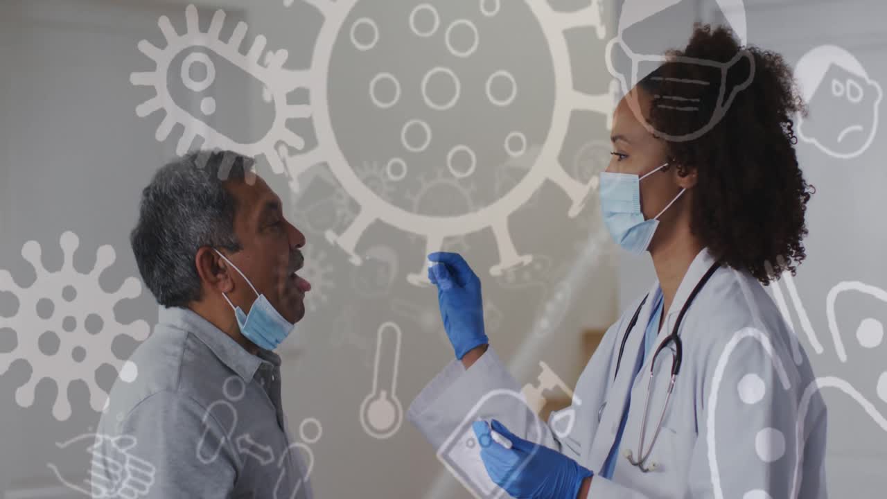 animación de iconos de covid 19 sobre una doctora biracial que toma un hisopo de un paciente masculino