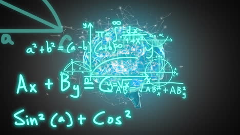 animation of mathematical equations over glowing human brain spinning against grey background