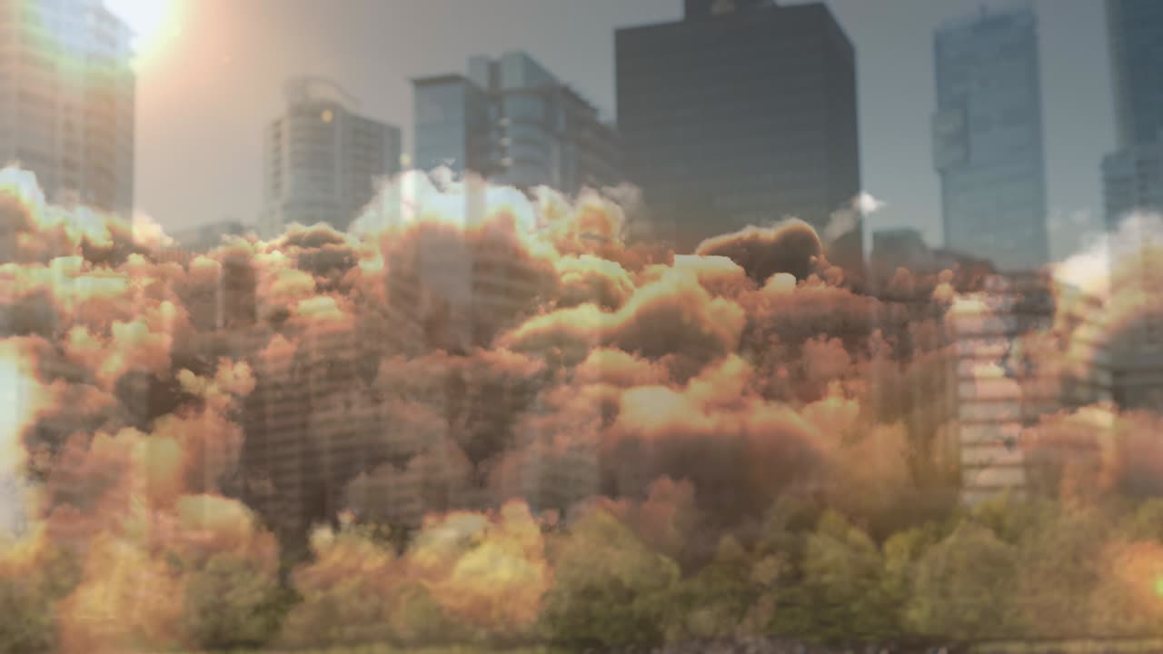 도시 풍경 위를 이동하는 구름과 반 ⁇ 이는 빛의 트레일의 애니메이션