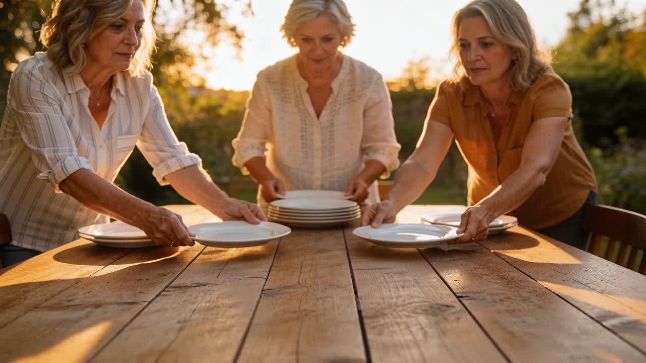 Placing center woman lowering white plates at table, women in casual tops aligning plates for meal