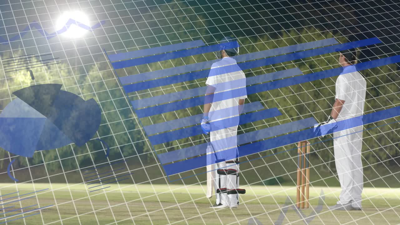 Giocatore di cricket che si sposta, avanza e fa oscillare la mazza alla consegna, cercando di fare punti con grafici blu sul campo