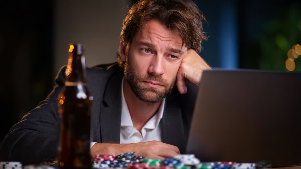 A pensive man in a business suit, staring blankly at a laptop screen while sitting at a poker table filled with chips and a beer bottle nearby, captures the essence of contemplation and disappointment