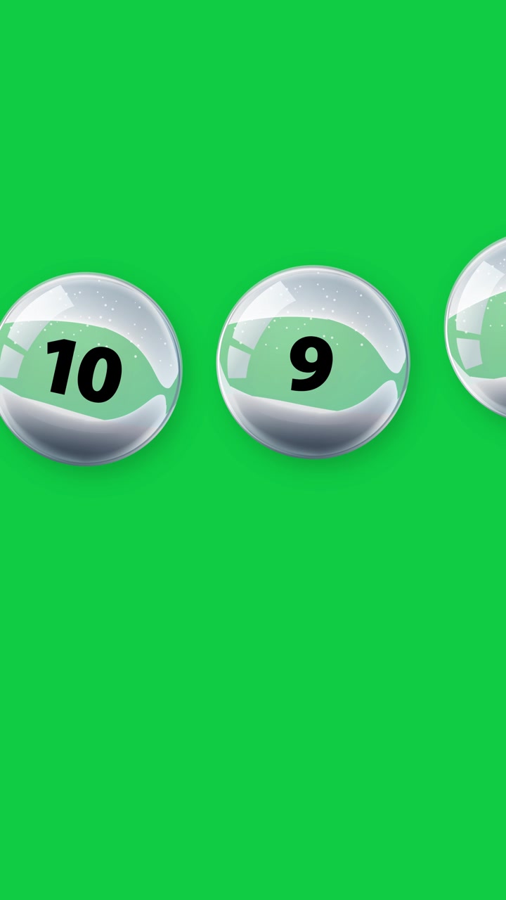 Numbered silver spheres float and bounce across a solid green background in vertical orientation.