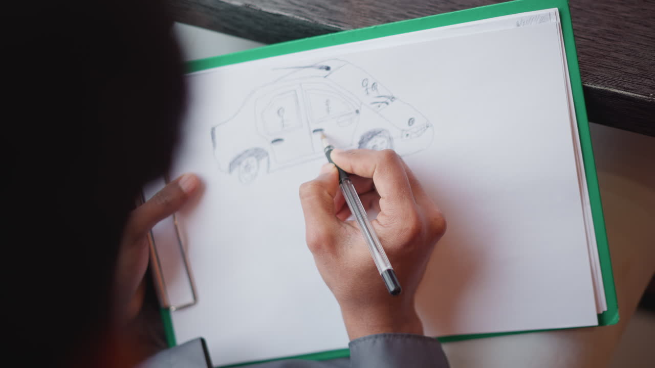 Immigrant creating car sketch using black pen on white paper while sitting at desk, focusing on vehicle proportions and structure, expressing artistic vision
