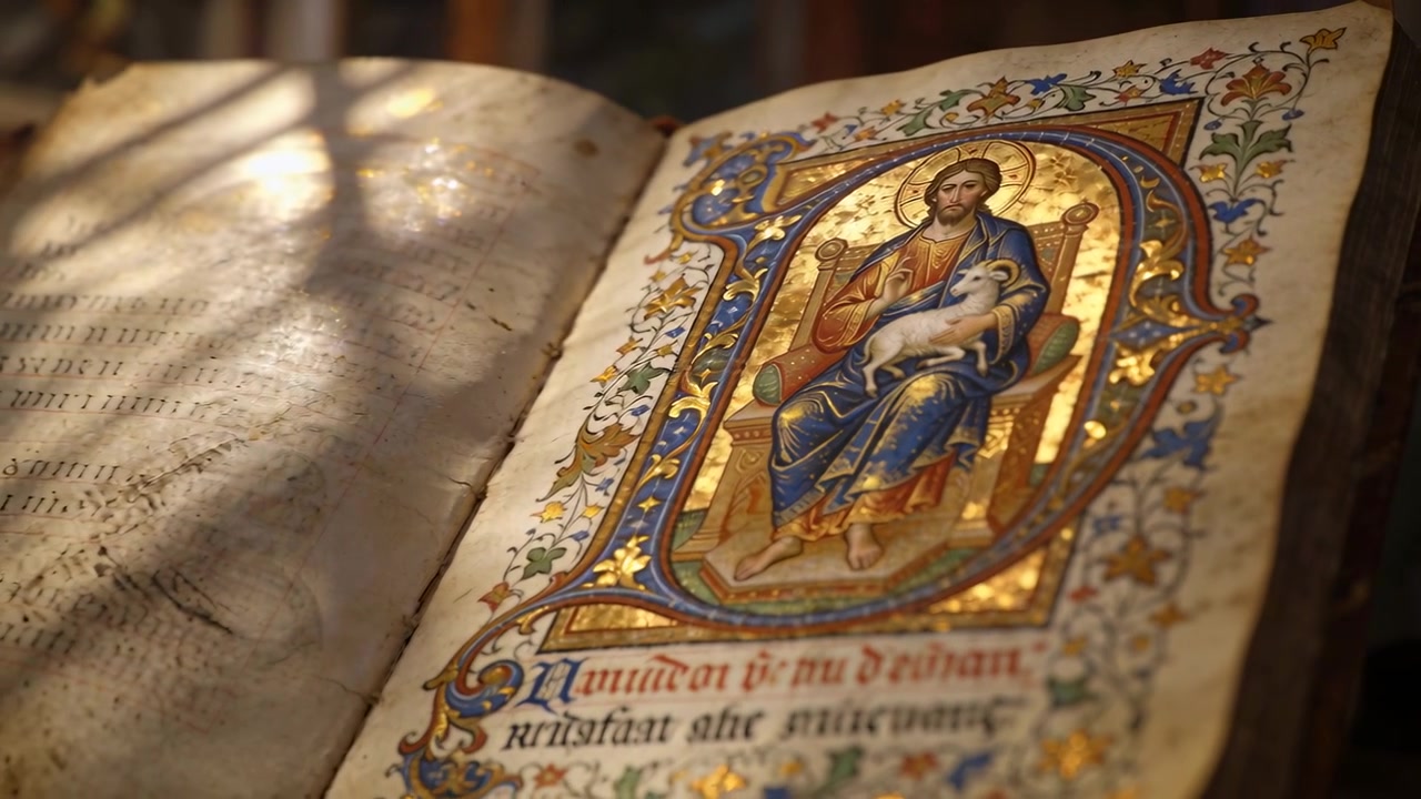 Telecamera in panoramica che mostra un manoscritto miniato illuminato a destra in una galleria, evidenziando oro, vesti d'agnello e spazio per il testo.