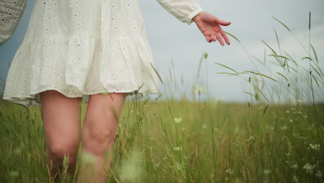 a close-up view of a woman s lower body as she walks gracefully through a lush grass field, wearing a flowing white dress. the scene captures the serenity and beauty of nature