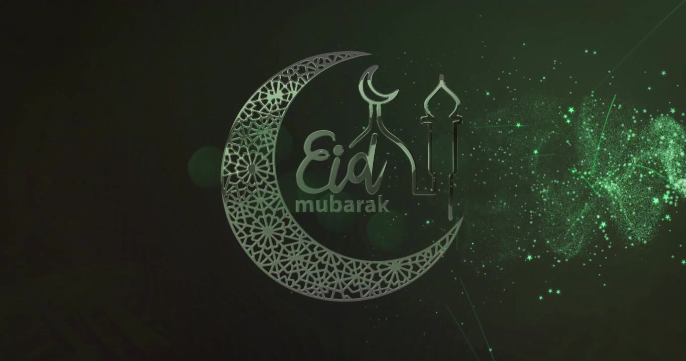 Particelle che appaiono da destra e si avvolgono a mezzaluna formando una moschea Eid Mubarak con effetto glitch, che svanisce