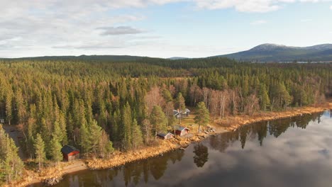 lakefront shed cabins in swedish alpine forest on cloudy day