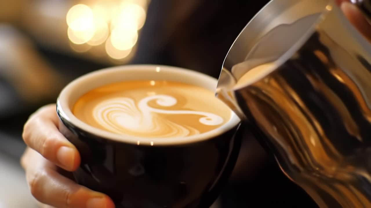 Enjoy the Art of Coffee: A Barista Skillfully Pouring Milk into a Cup to Create Beautiful Latte Art with Elegant Swirls and Patterns
