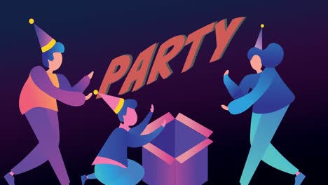 Animation-Einer-Familie-Mit-Partyhüten,-Die-Ein-Geschenk-über-Partytext-öffnen