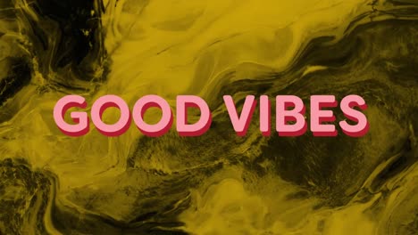 animación de texto buenas vibraciones en rosa, sobre fondo de remolino naranja y negro