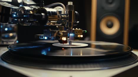 a close-up view of a robotic arm skillfully playing a vinyl record on a turntable, capturing the essence of modern audio innovation