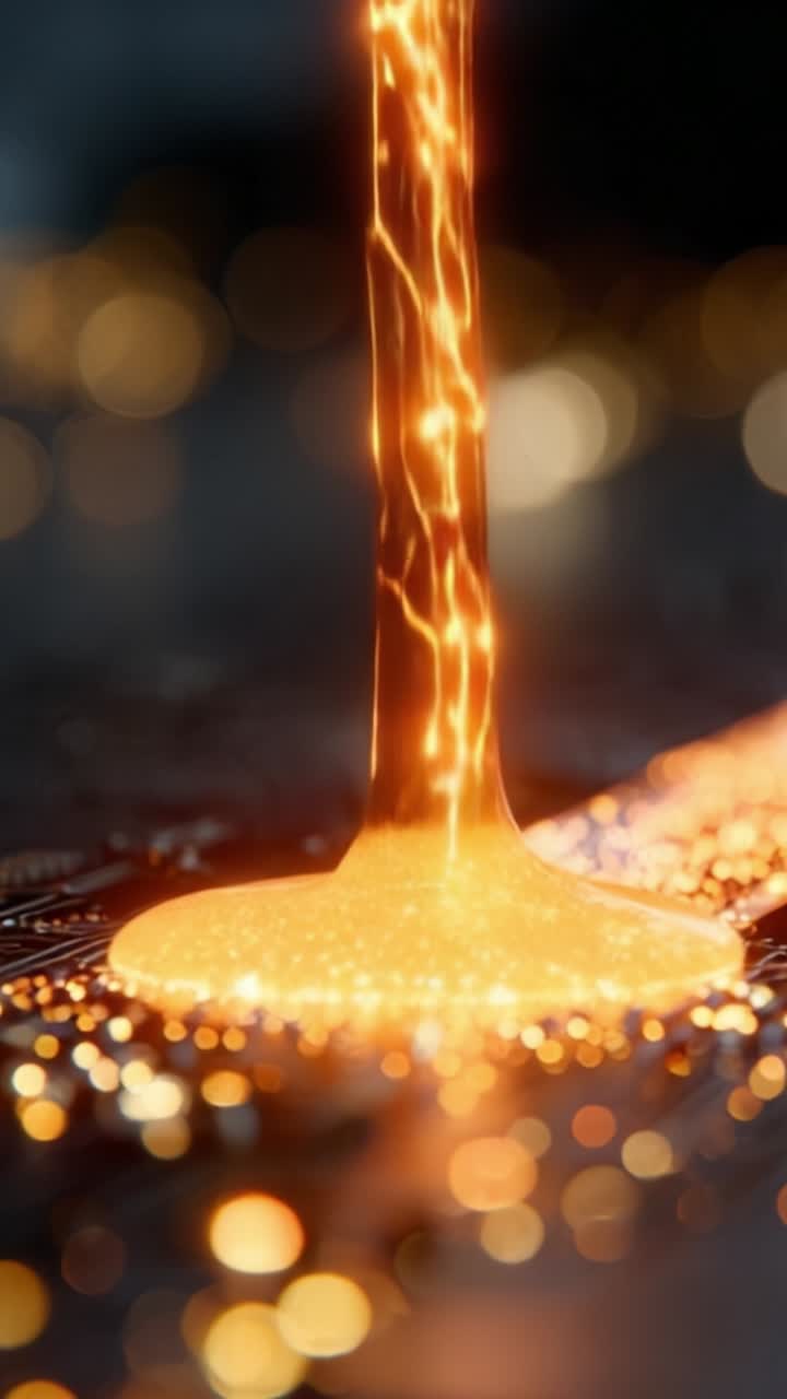 Fließendes flüssiges Gold glänzt beim Herabfließen und erzeugt schillernde Reflexionen sowie ein faszinierendes Lichtspiel auf einer schimmernden Oberfläche, die mit funkelnden Punkten übersät ist.