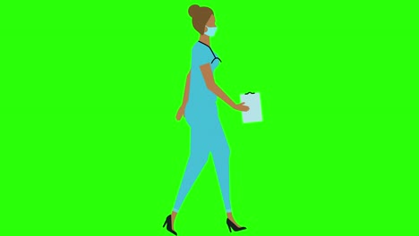 mujeres médico caminando ciclo bucle sin costuras, versión de máscara facial, pantalla verde croma animación clave, diseño plano