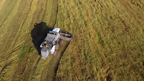 Luftaufnahme-Einer-Erntemaschine,-Die-Ernte-Auf-Einem-Großen-Landwirtschaftlichen-Feld-Verarbeitet