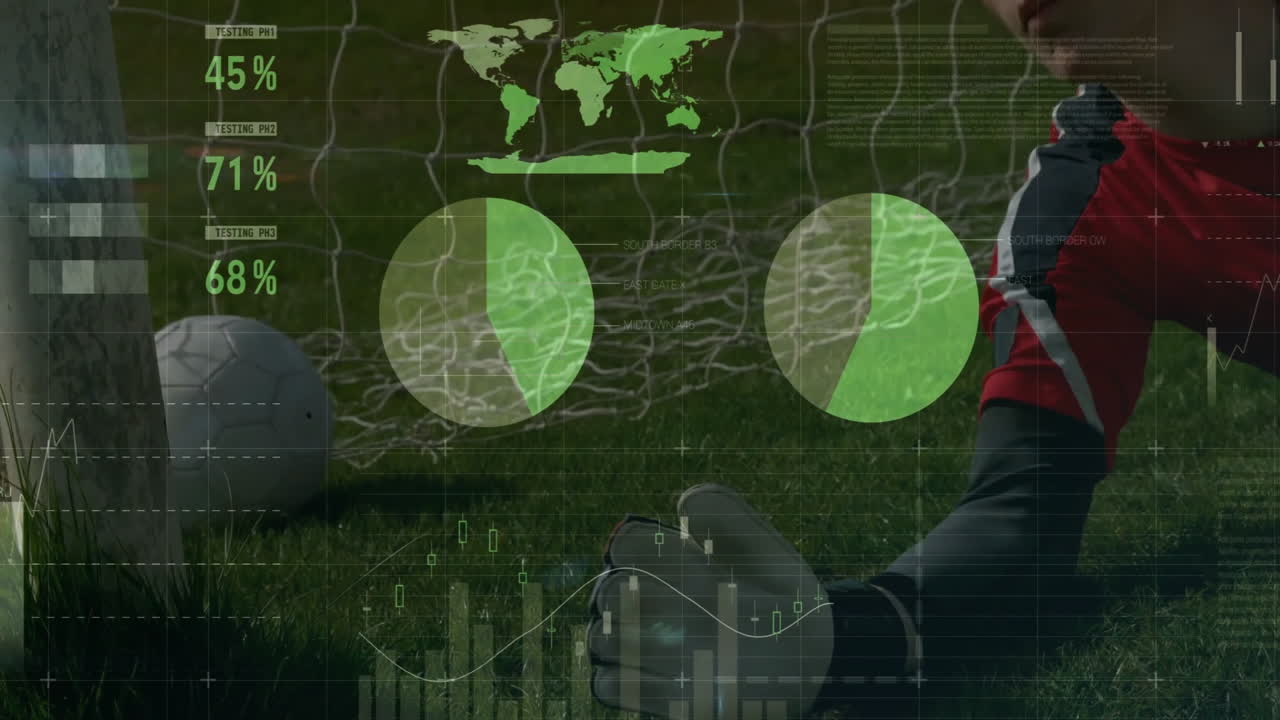 Kicking soccer ball, player with animation of data analytics and world map