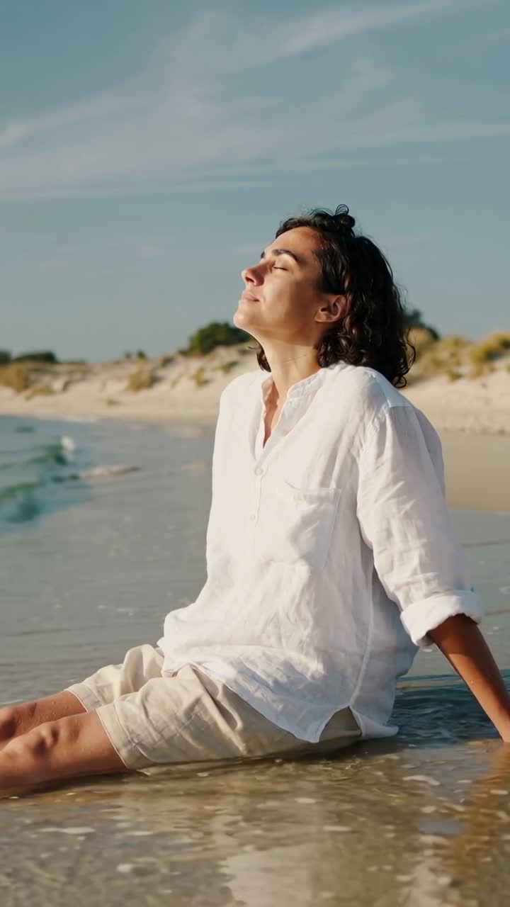 Joven relajándose en playa de arena mientras las olas del océano acarician la orilla