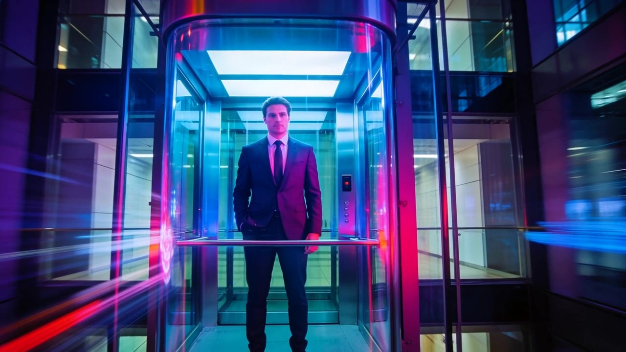 Standing man wearing suit touching elevator railing, neon streaks signaling travel to meeting