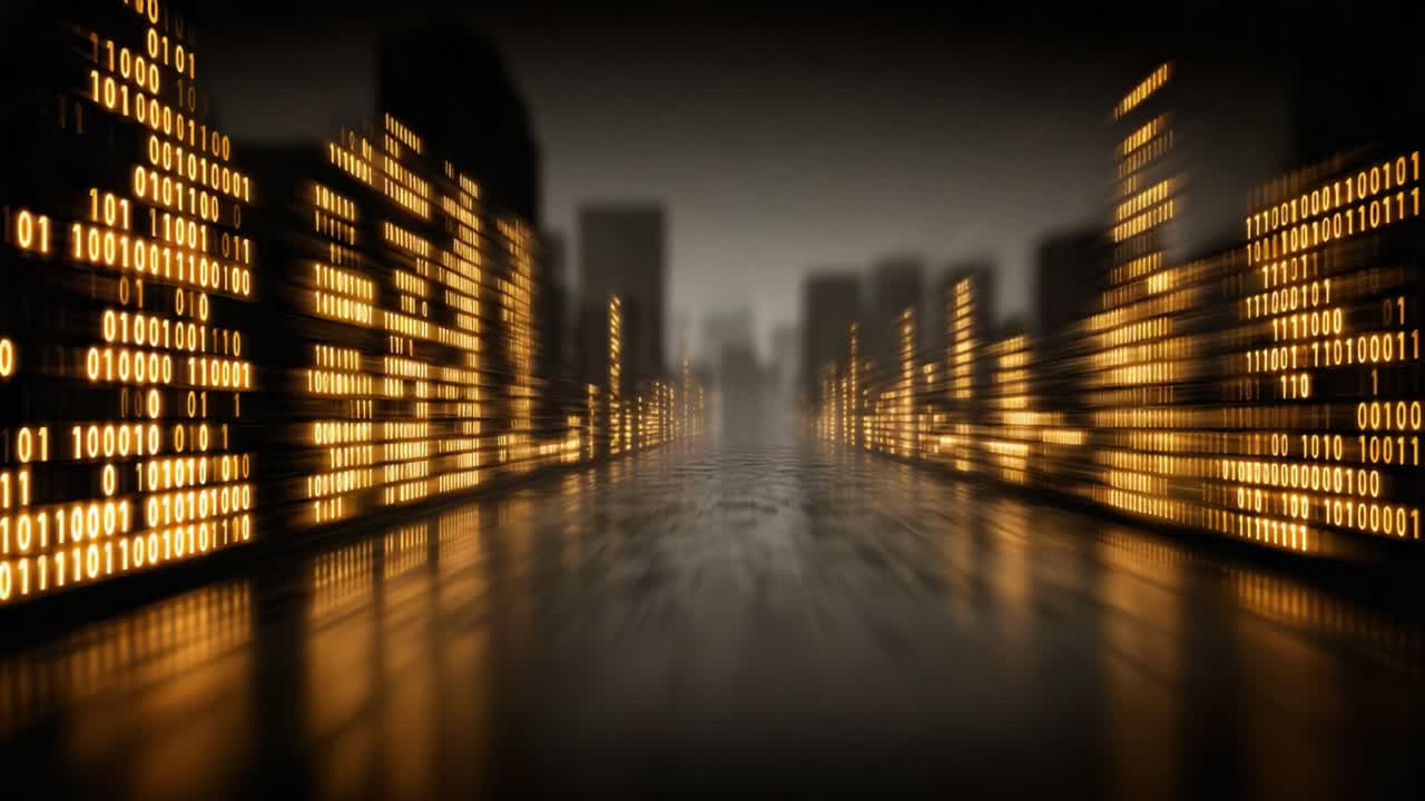 A Dynamic Visual Representation of Binary Data Flow in a Cityscape, Featuring Glowing Digital Effects and Reflections on Water Surfaces