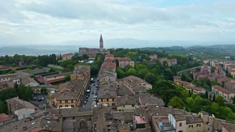 Aerial-of-the-Abbazia-di-San-Pietro-Benedictine-abbey-situated-in-Borgo-XX-Giugno,-Perugia,-Province-of-Perugia,-Italy